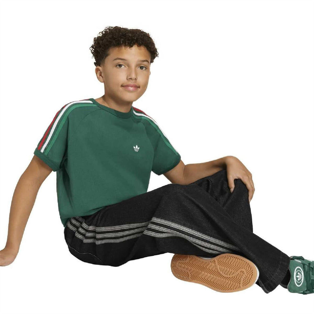 Kids dark green adidas Originals T-shirt with trefoil logo and red/white sleeve stripes