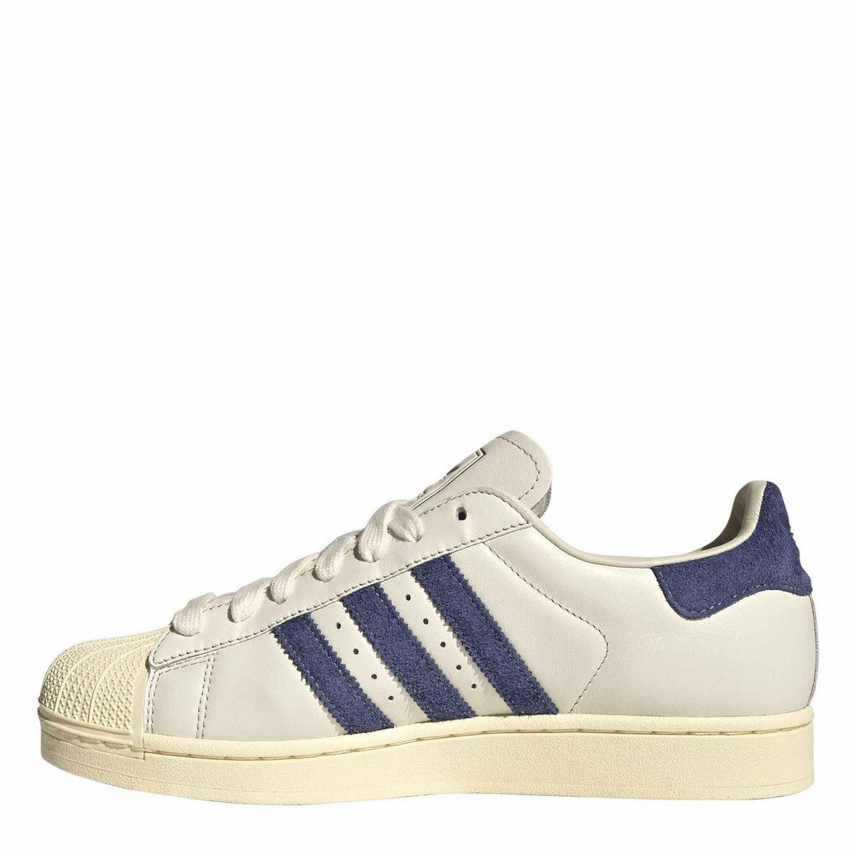 White and navy adidas Originals Superstar II sneakers, side profile with three blue stripes