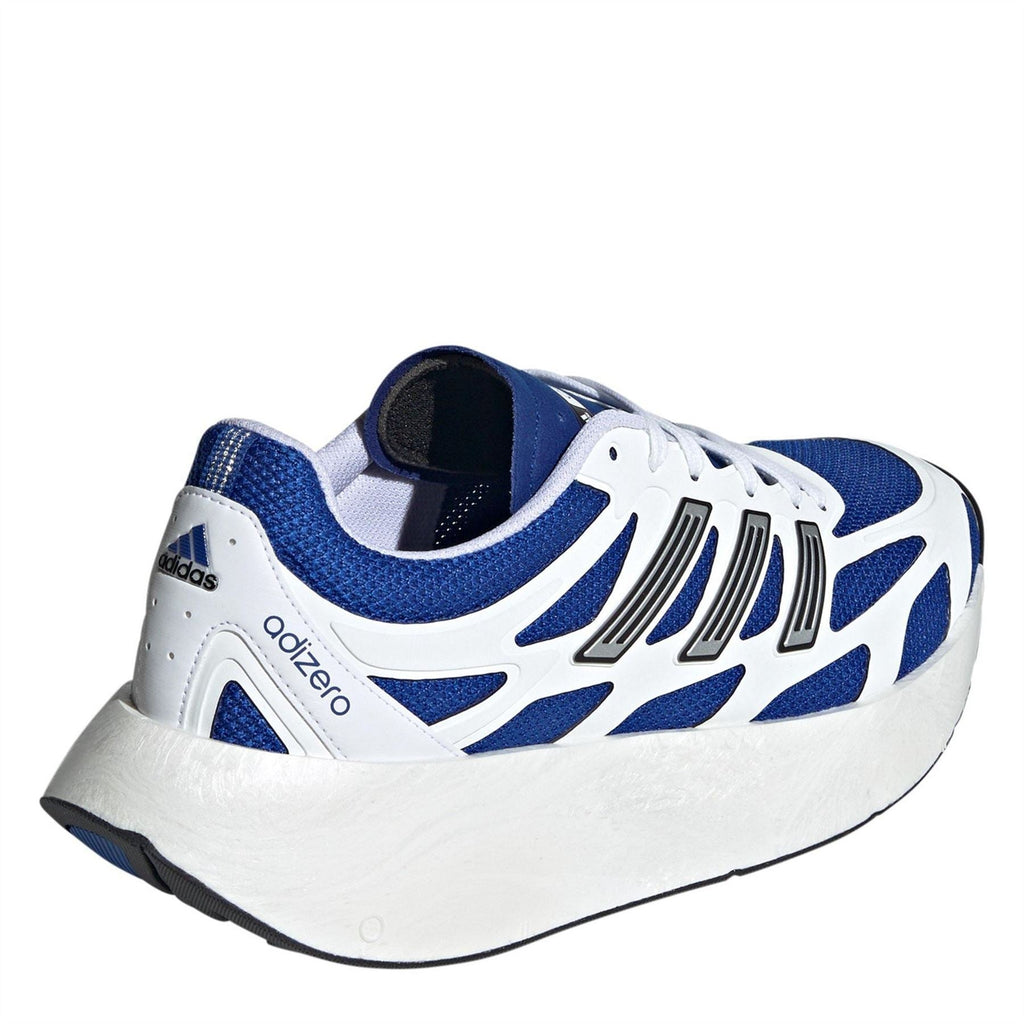 Blue and white sneaker with side stripes, lace-up closure, and light-gray outsole