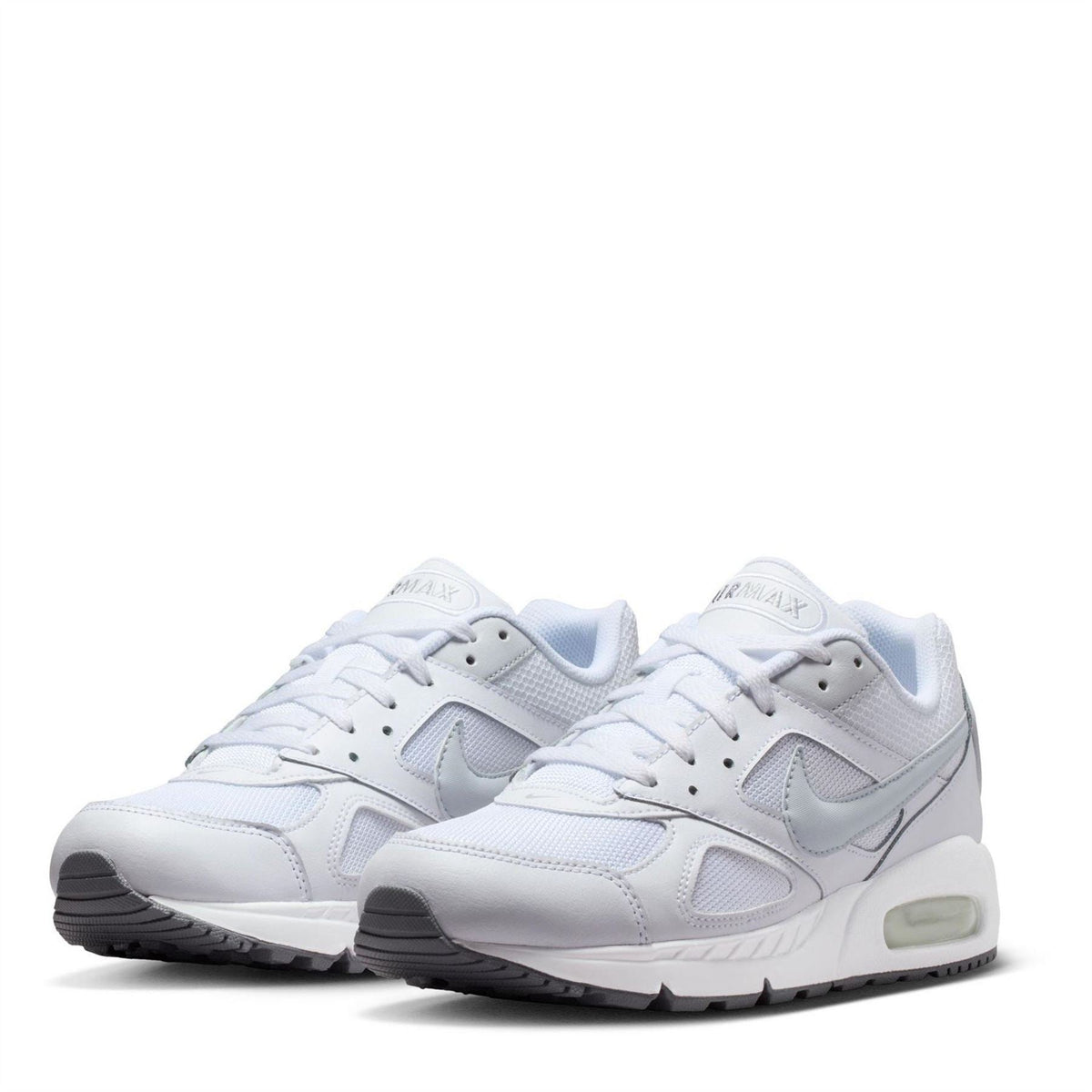 Women's white Air Max sneaker pair, front view with lace eyelets and molded panels