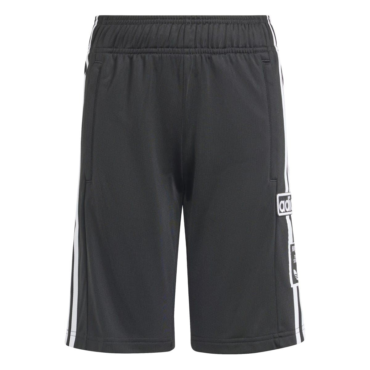 Black juniors track shorts with elastic waistband and white side stripes