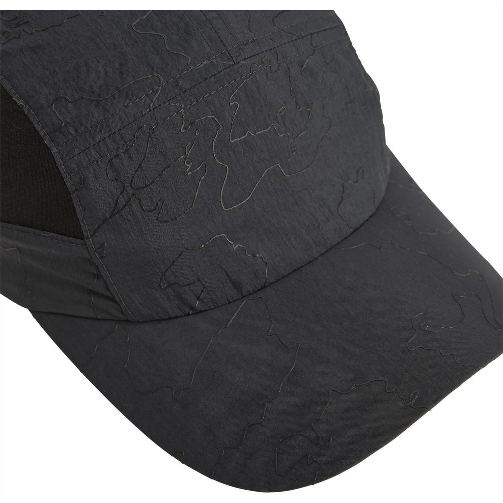 Charcoal cap with textured fabric and curved crown panel detail