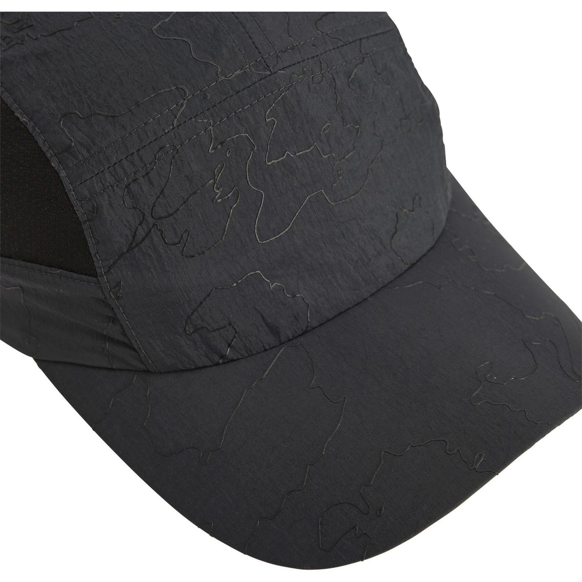 Charcoal cap with textured fabric and curved crown panel detail