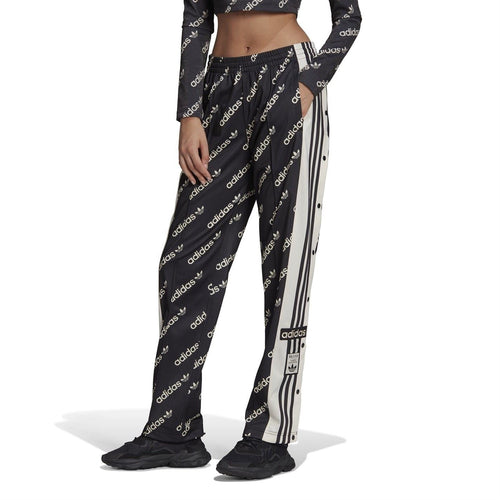 Black patterned jogger sweatpants with elastic waist, drawstring, and striped side panels