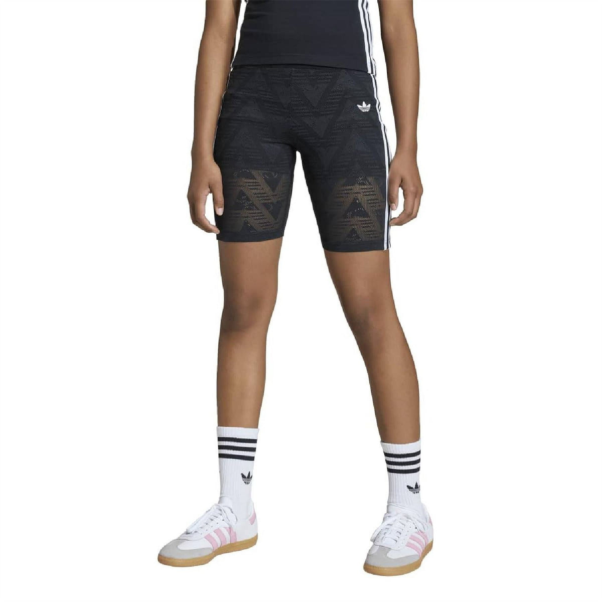 Juniors’ black geometric skinny-fit shorts with side stripes and adidas trefoil