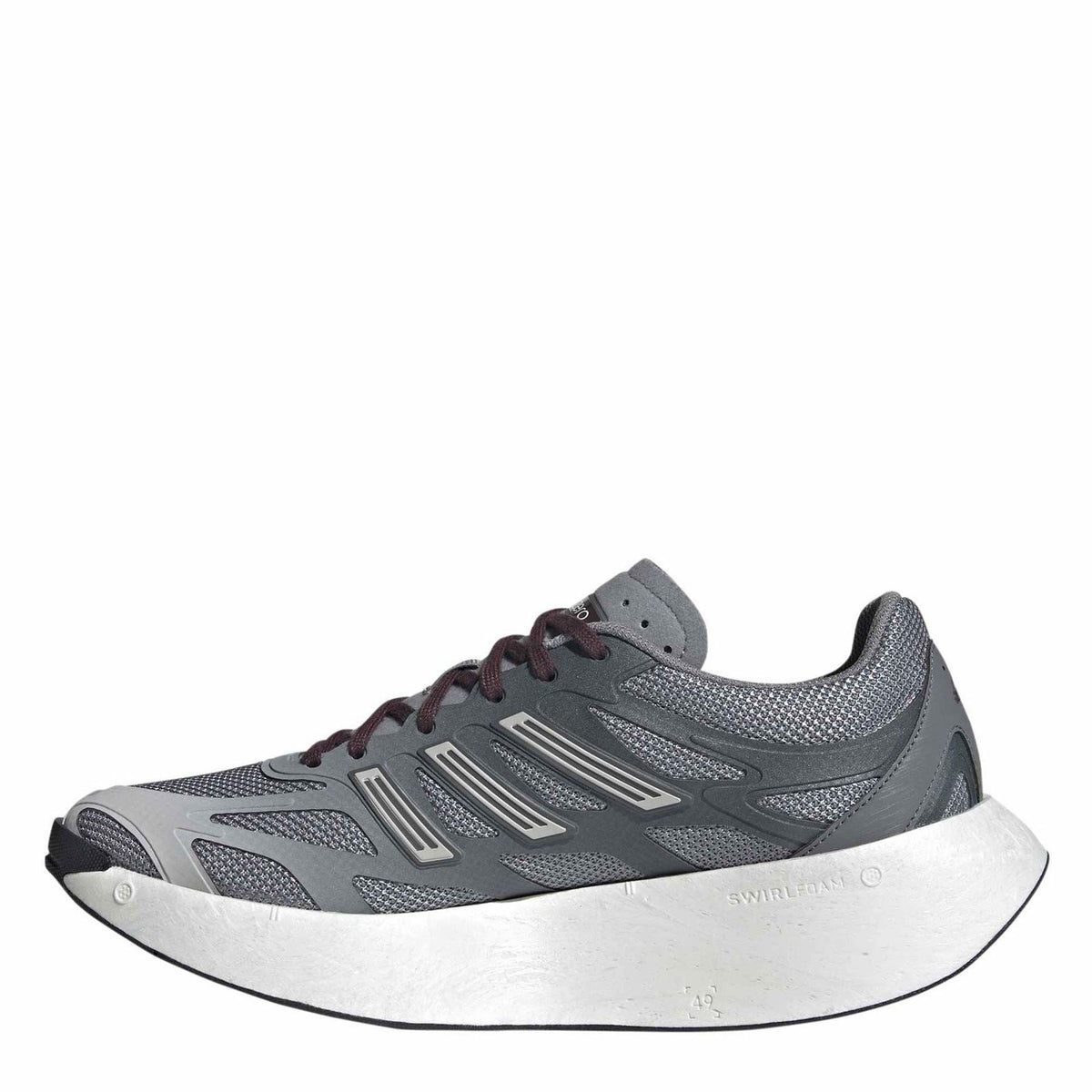 Grey running shoes with maroon lace-up, molded stripes, and thick white midsole
