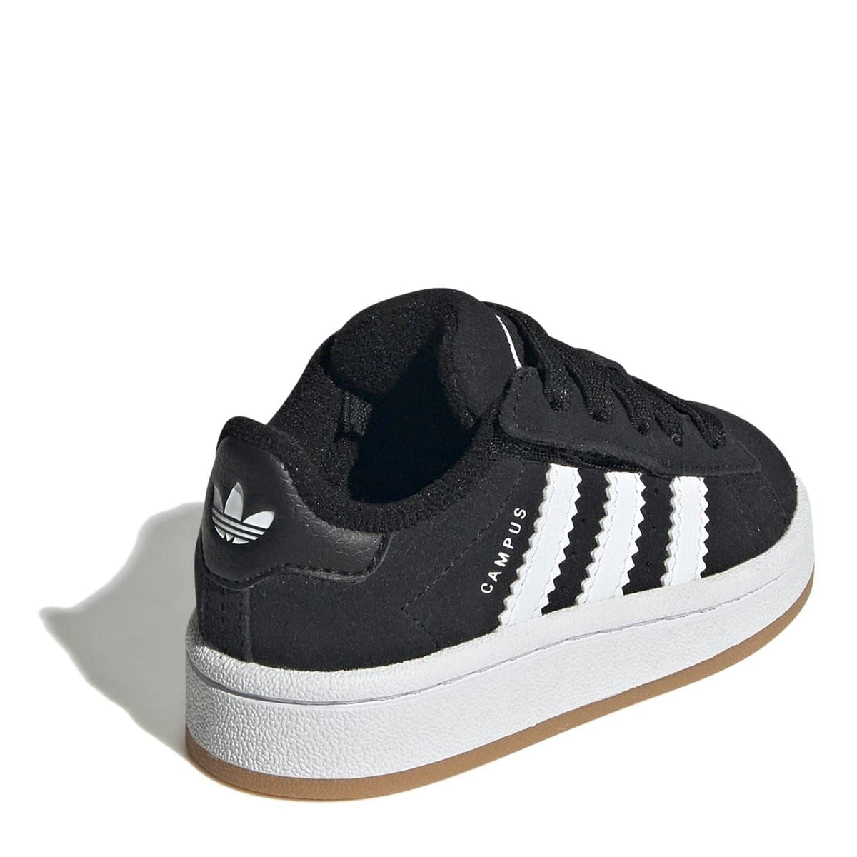 Black low-top lace-up sneaker with adidas trefoil and white three stripes, white sole.