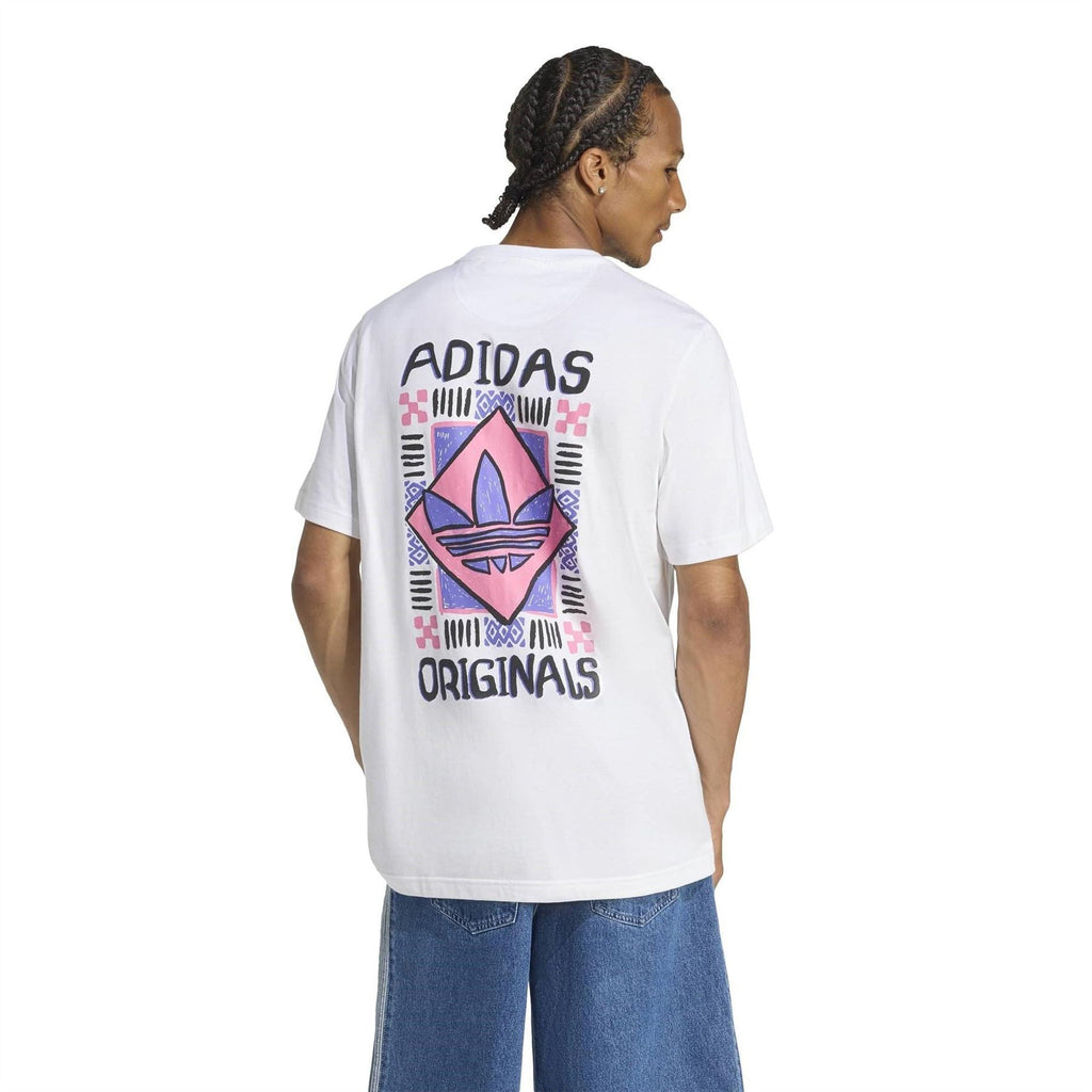 White crew-neck short-sleeve T-shirt showing large adidas Originals back graphic.