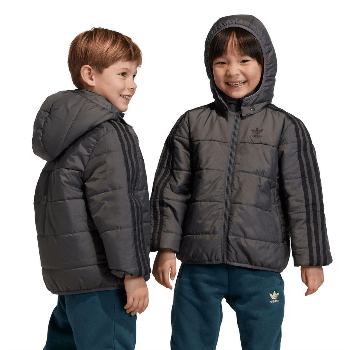 Kids padded jacket in dark grey with hood and full-zip front