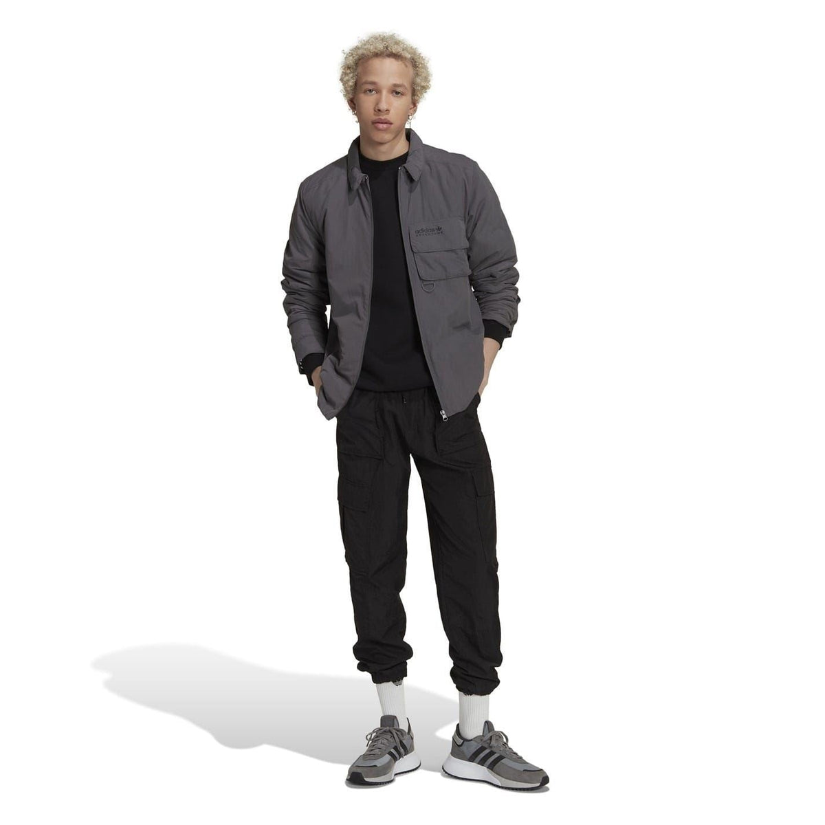 Grey adidas Originals zip-up long-sleeve shirt-jacket with stand collar and front pockets