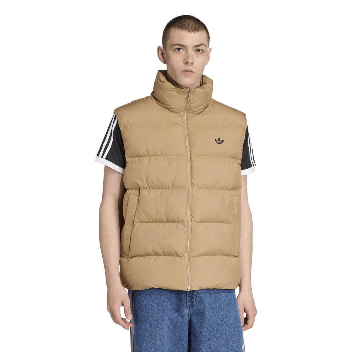 Men's tan puffer vest with adidas logo, sleeveless quilted insulation