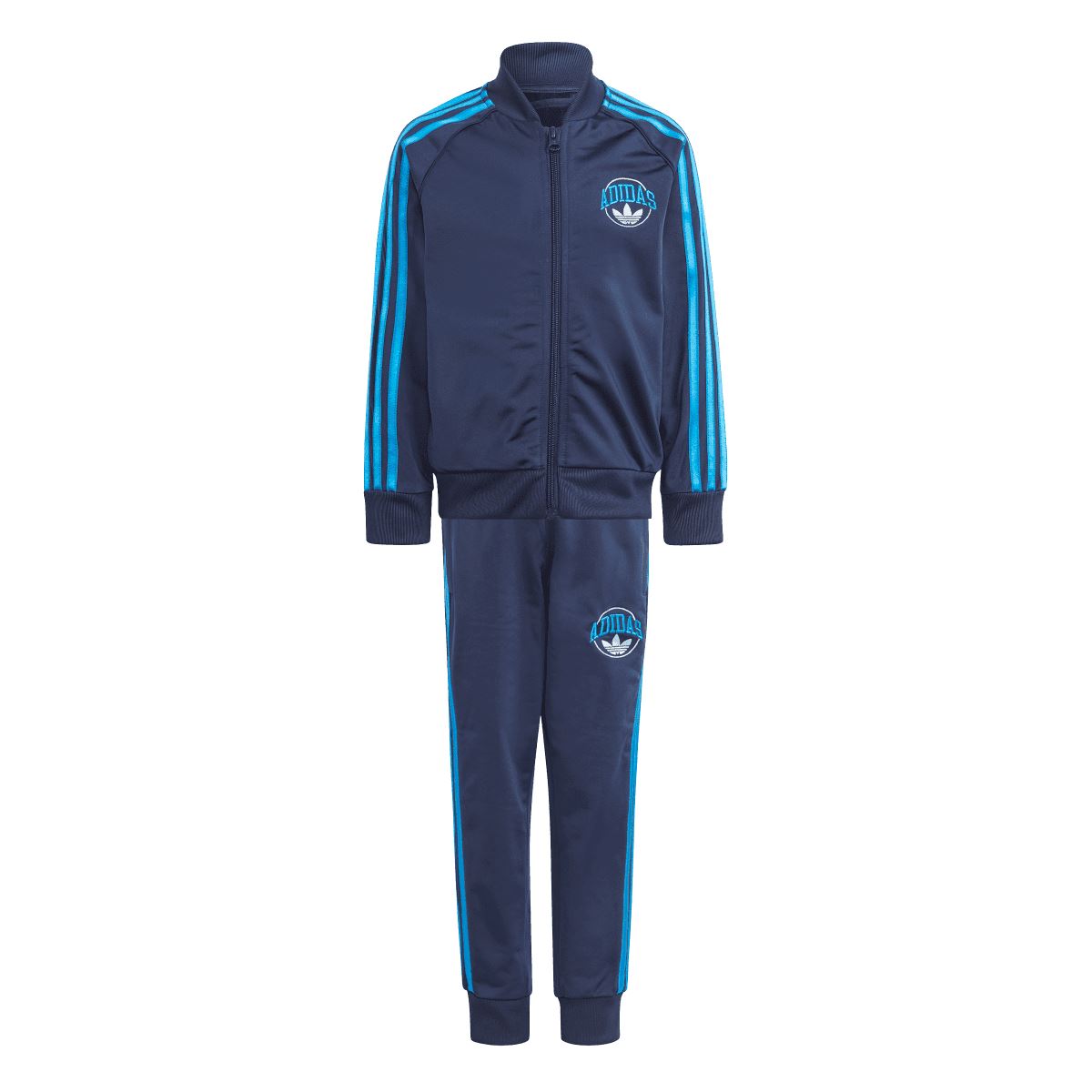 Infant adidas indigo tracksuit set with zip jacket, matching pants, and bright blue side stripes
