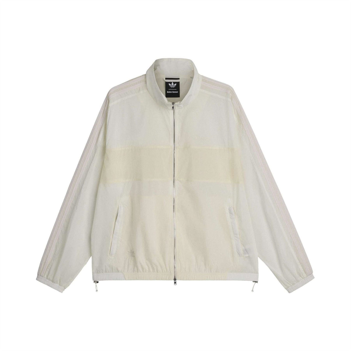 Chalk white track jacket with stand collar, full zip, light paneling, and elastic cuffs.