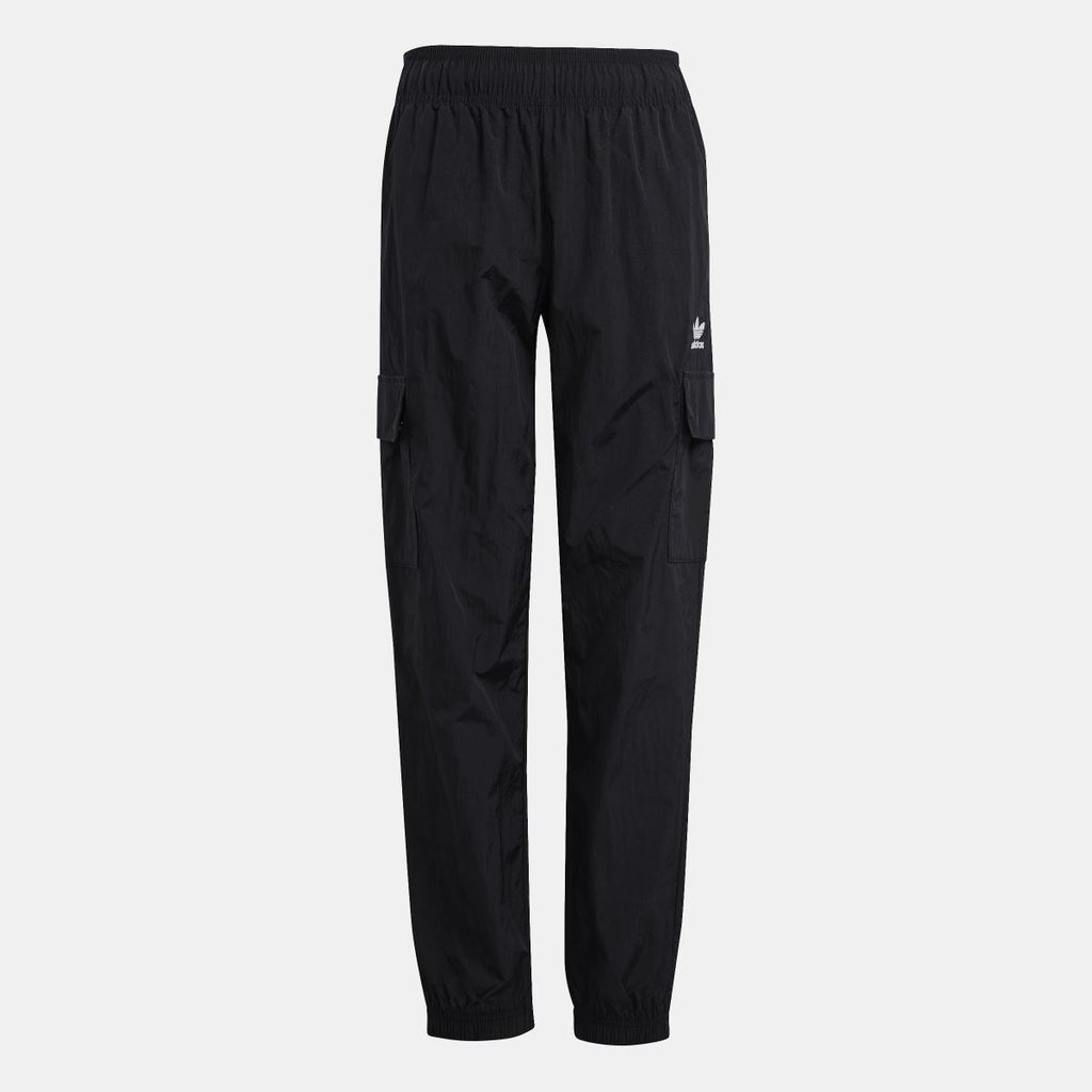 Black junior cargo track trousers with elastic waist and cargo pocket detail on the leg