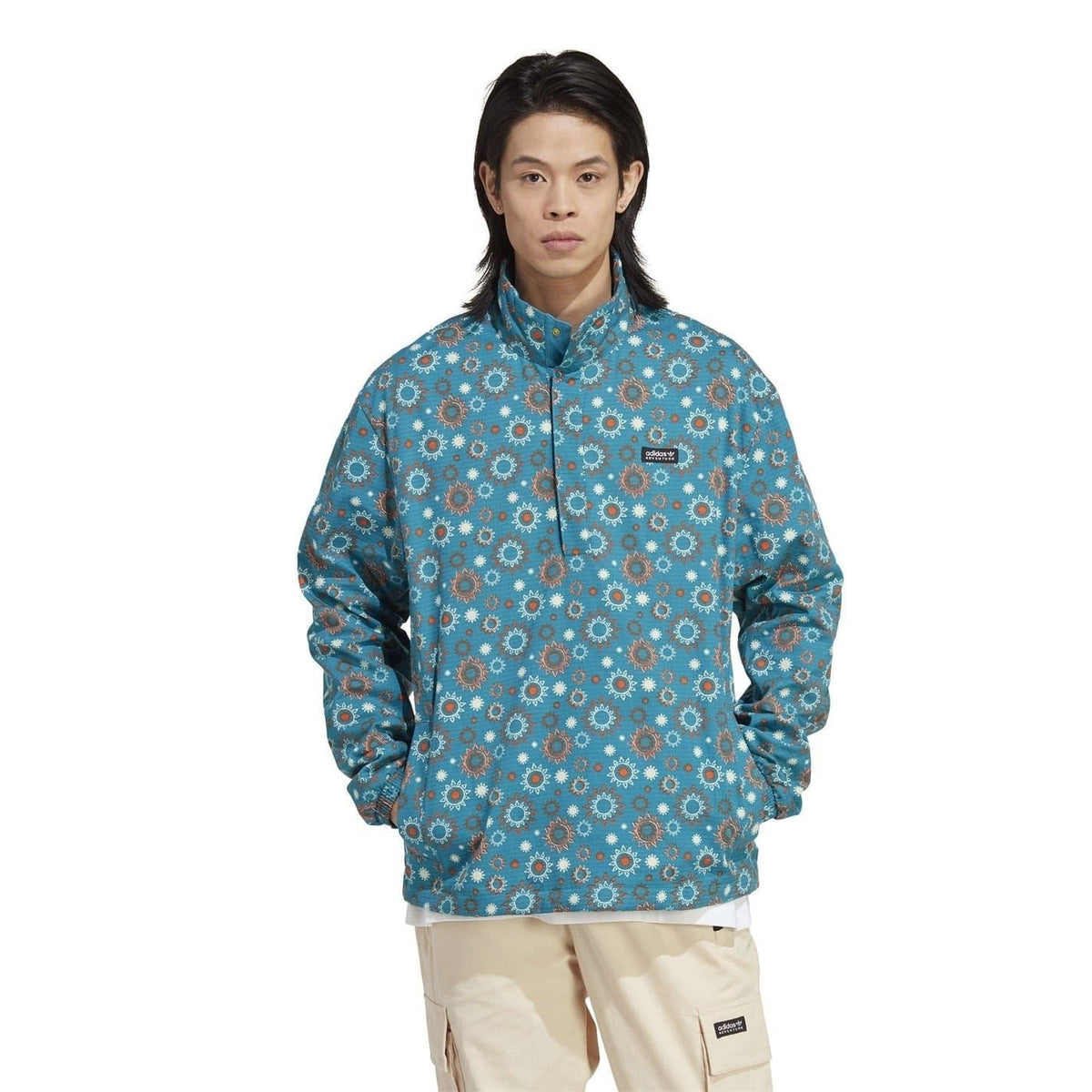 adidas hooded quarter-zip relaxed shirt, teal patterned fabric with front zip and pocket
