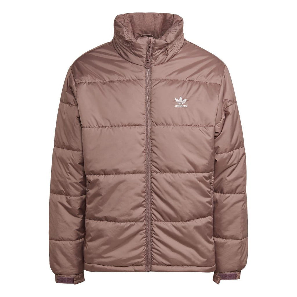 Burgundy padded puffer jacket with hood, full-zip front, and chest logo