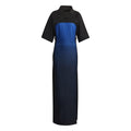 Color-block maxi dress in black and blue with short sleeves and polo collar