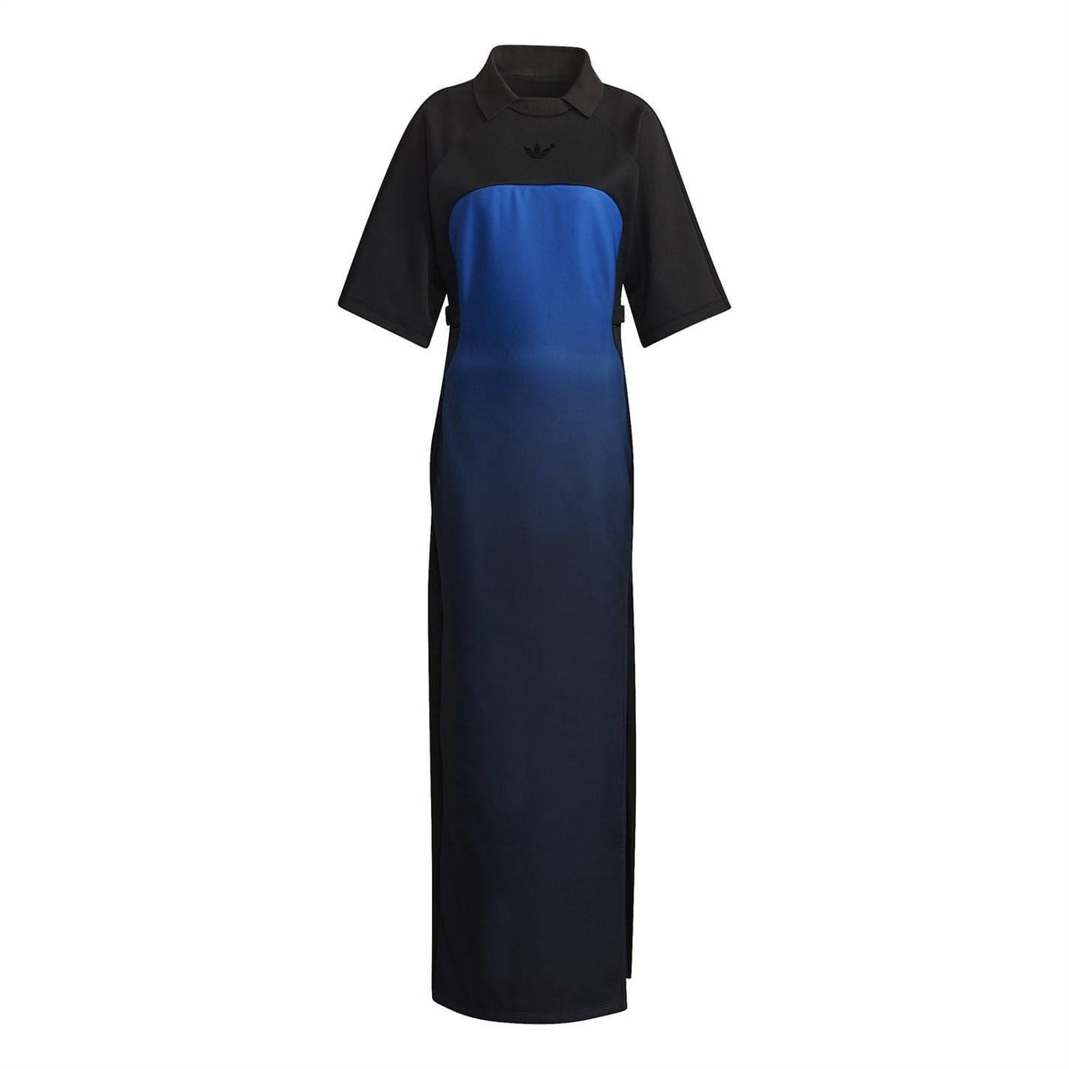 Color-block maxi dress in black and blue with short sleeves and polo collar