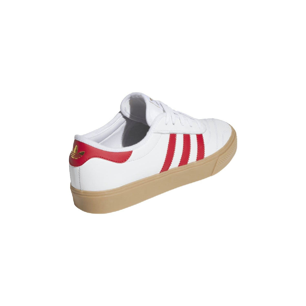 White adidas Adiease trainers with red logo stripe at heel and gum-brown sole