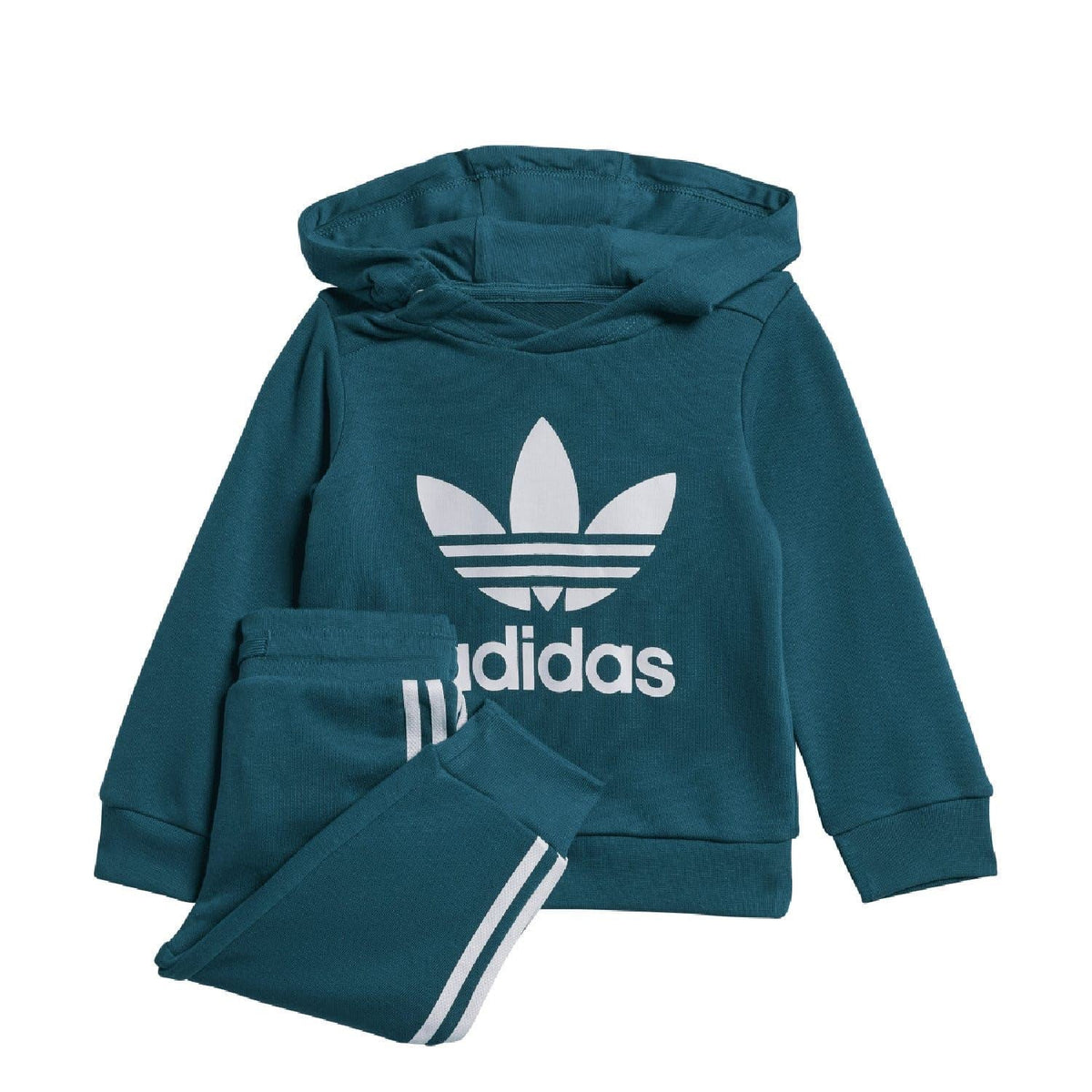 Teal infants hoodie with adidas trefoil logo and joggers, front set view