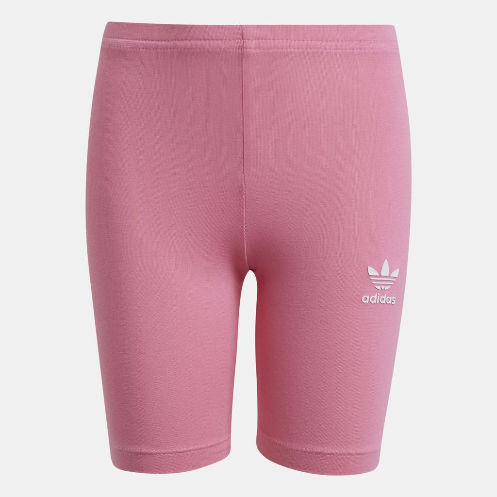 Pink infants adidas cycling shorts with trefoil logo on right leg, elastic waistband