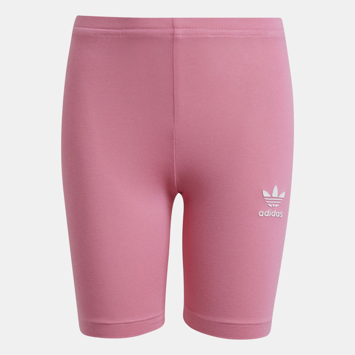 Pink infants adidas cycling shorts with trefoil logo on right leg, elastic waistband
