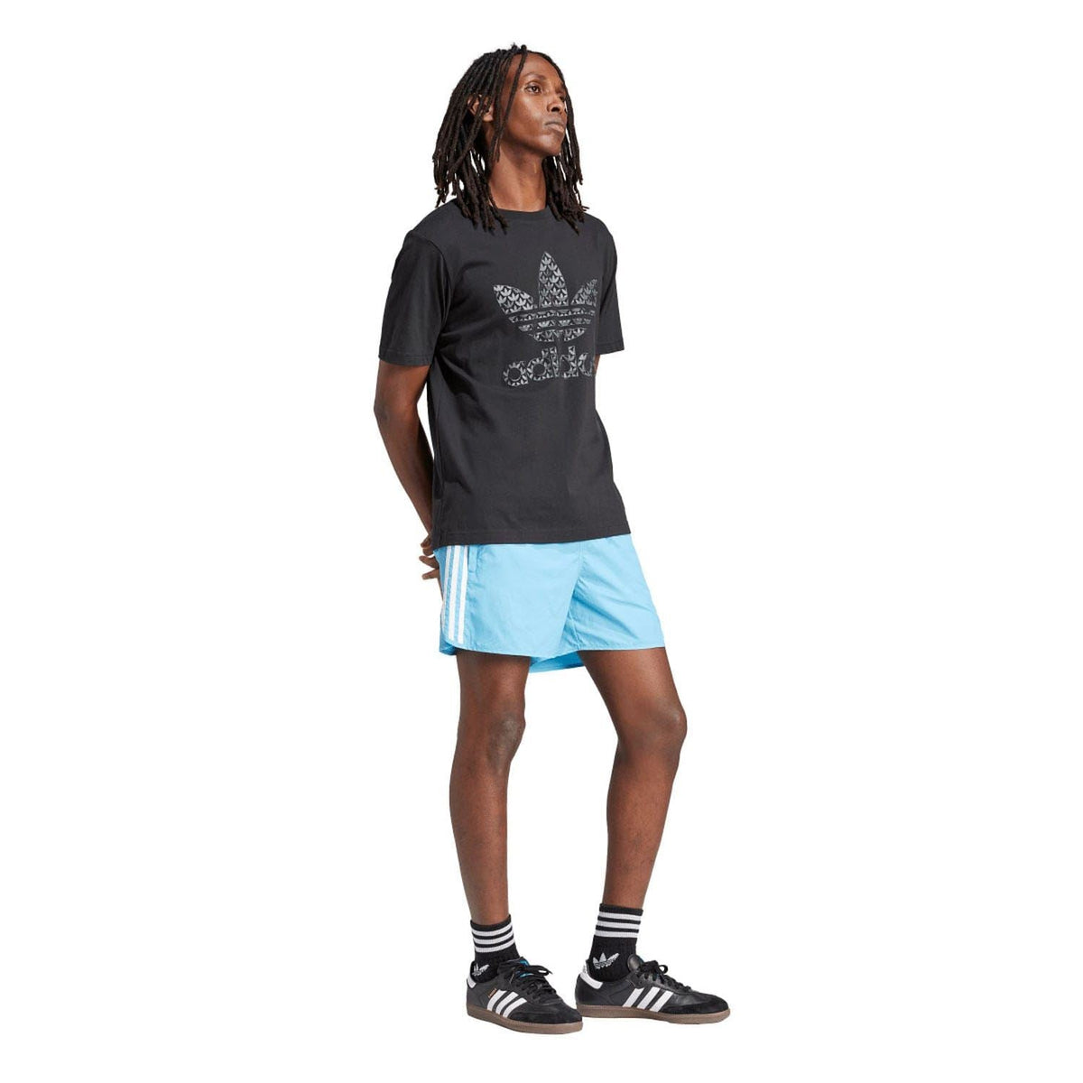 Light blue sprinter shorts by adidas Originals with elastic waistband and white side stripes