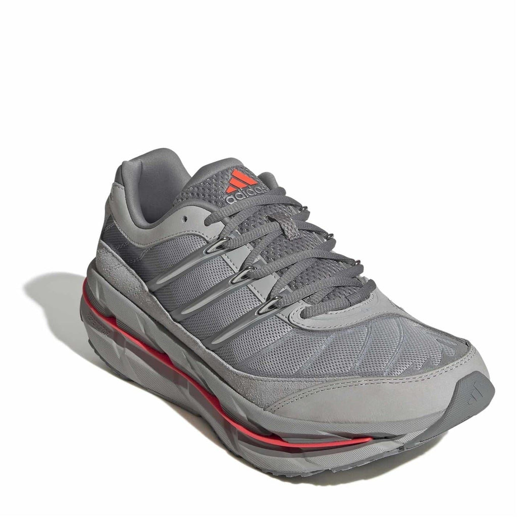 Dark grey mesh lace-up sneakers with orange adidas logo and red-trimmed midsole
