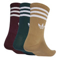 adidas Originals crew socks 3-pack, maroon, dark green, tan with 3-Stripe bands