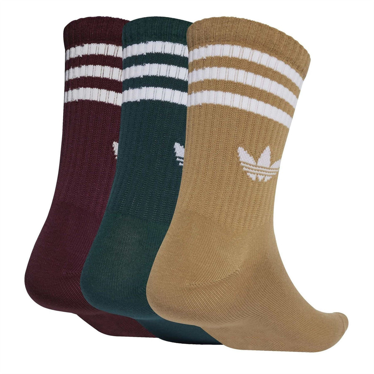 adidas Originals crew socks 3-pack, maroon, dark green, tan with 3-Stripe bands