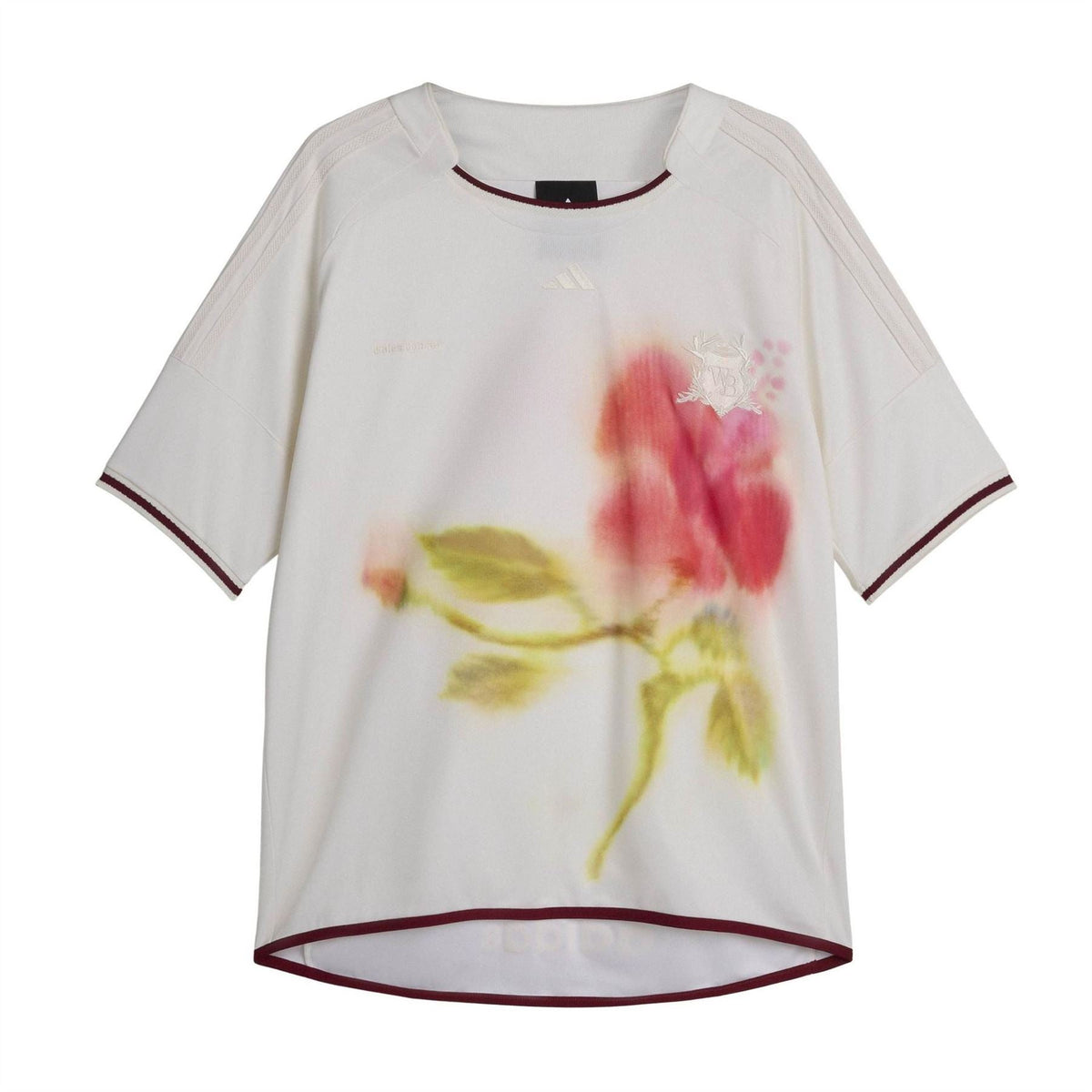 White football jersey with watercolor floral print and burgundy trim at collar and hem