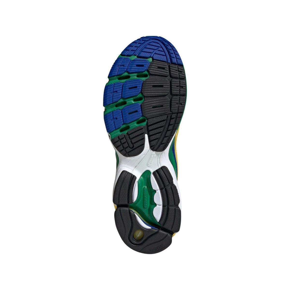 Shoe outsole view with blue and green traction pads and white midsole