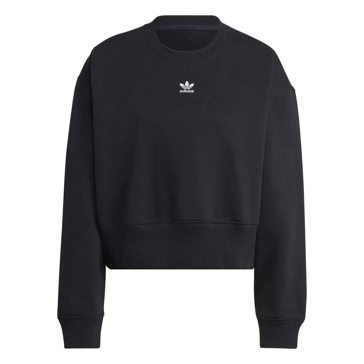 Black crewneck sweatshirt with adidas Trefoil logo centered on chest