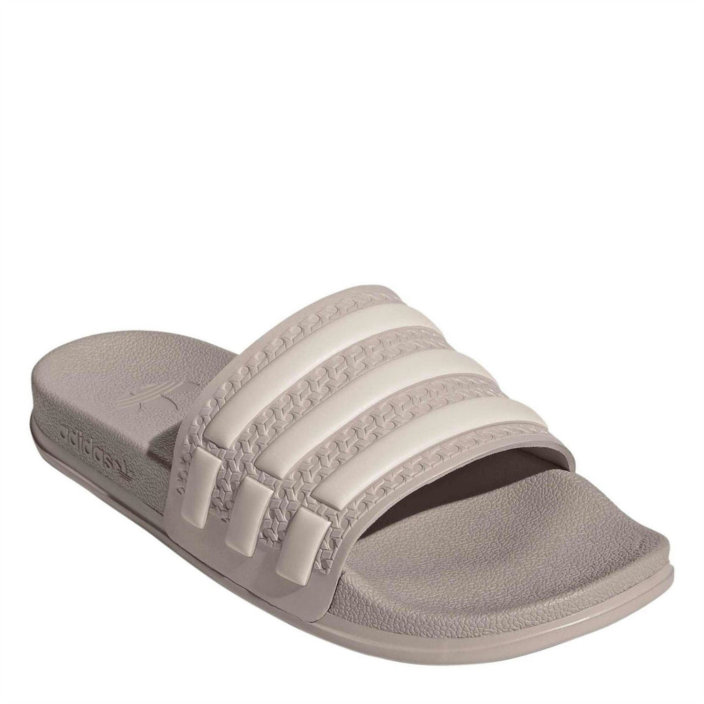 adidas taupe slide sandals with embossed three-strap upper and padded footbed
