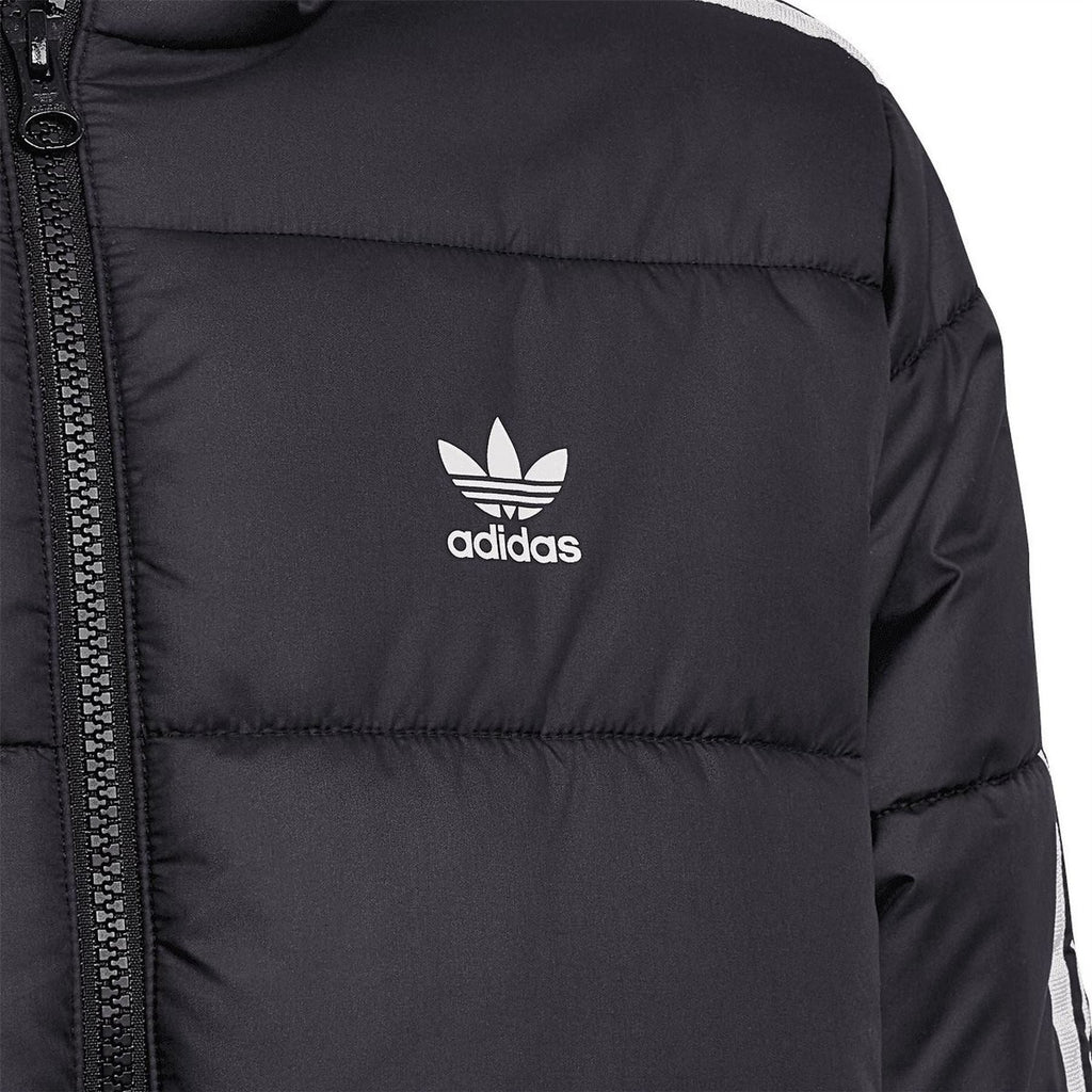 Black junior padded jacket with adidas logo on chest and full-zip front.