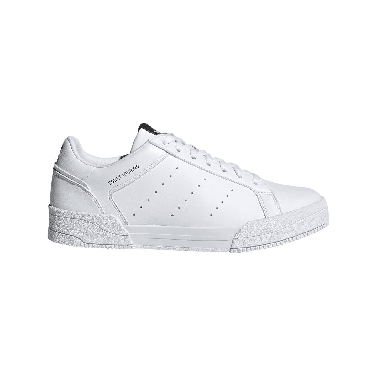 White adidas Originals Court Tourino trainers, perforated toe, lace-up front, low profile sole.