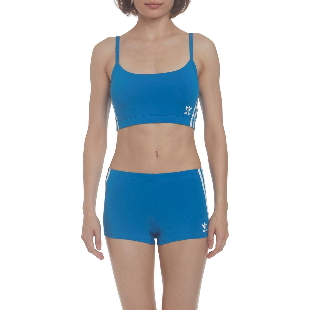 Blue adidas cotton shorts, mid-rise fit with white triple stripe detail