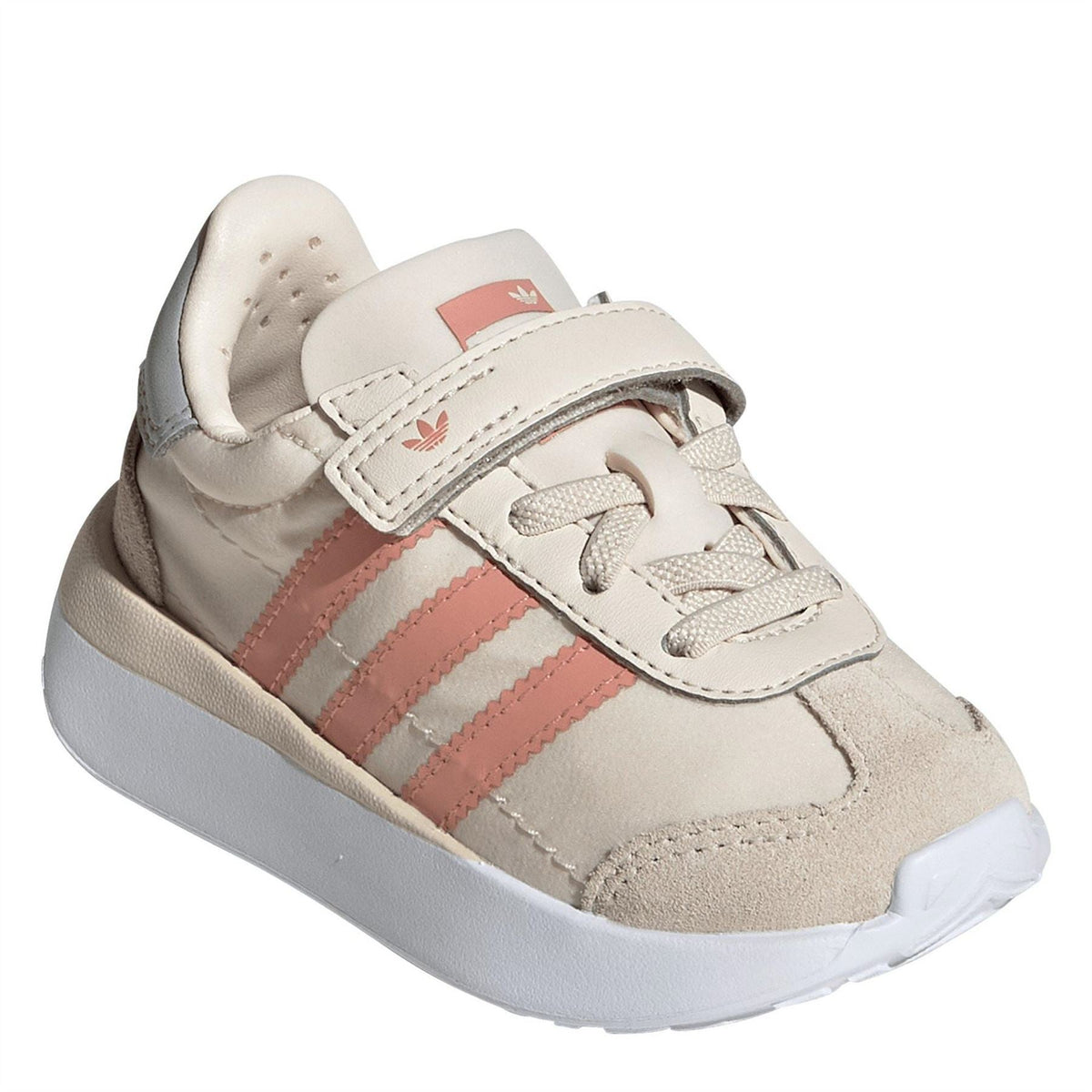 Off-white suede slip-on sneaker with hook-and-loop strap and coral side stripes