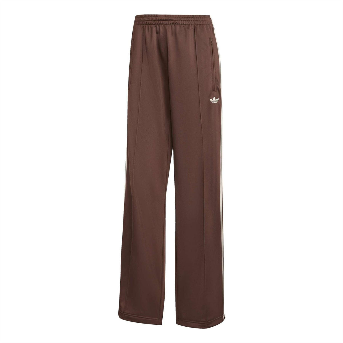 Brown adidas Originals track pants with white side stripes and trefoil logo