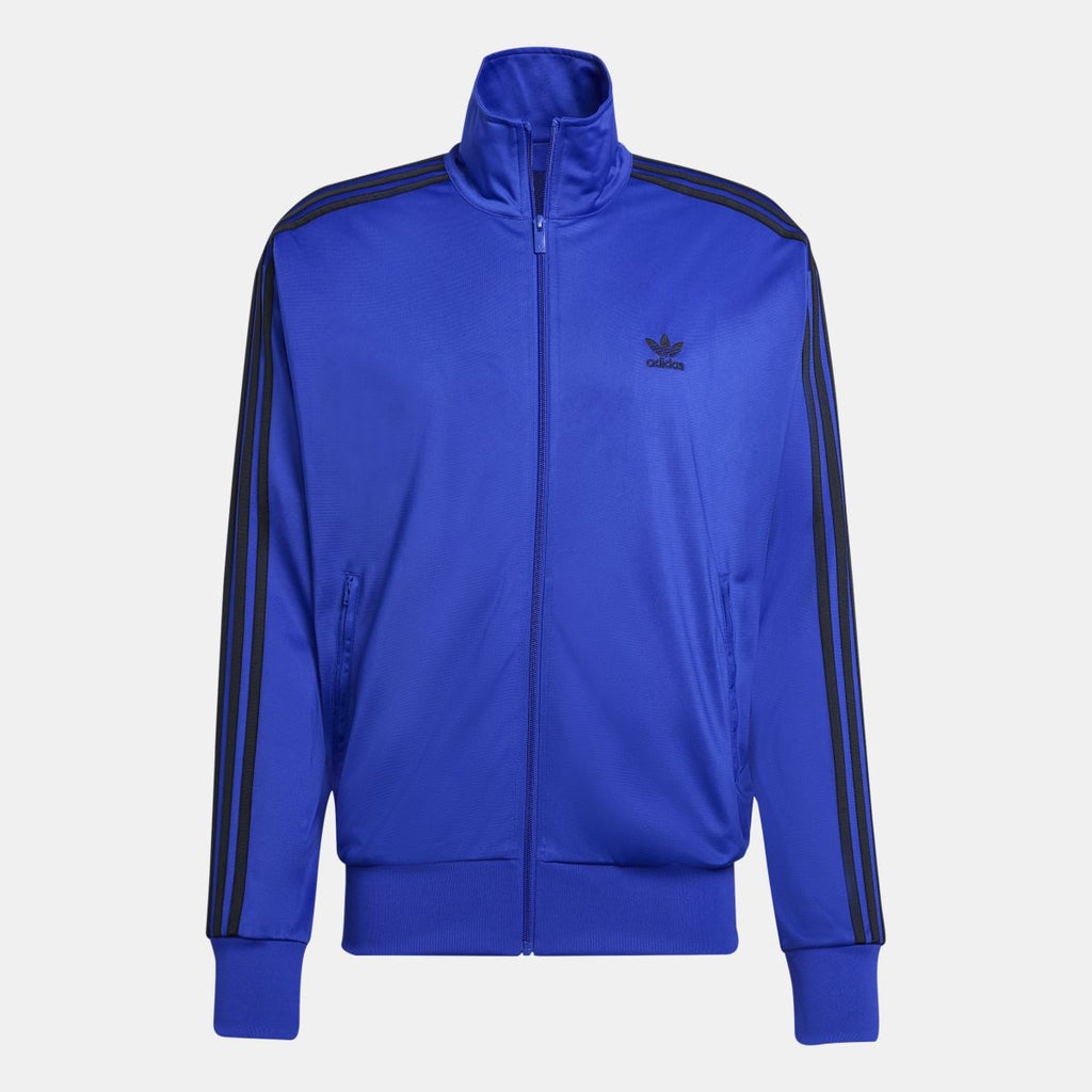 Blue adidas Firebird track jacket with full zip, stand collar, and black side stripes