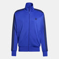 Blue adidas Firebird track jacket with full zip, stand collar, and black side stripes