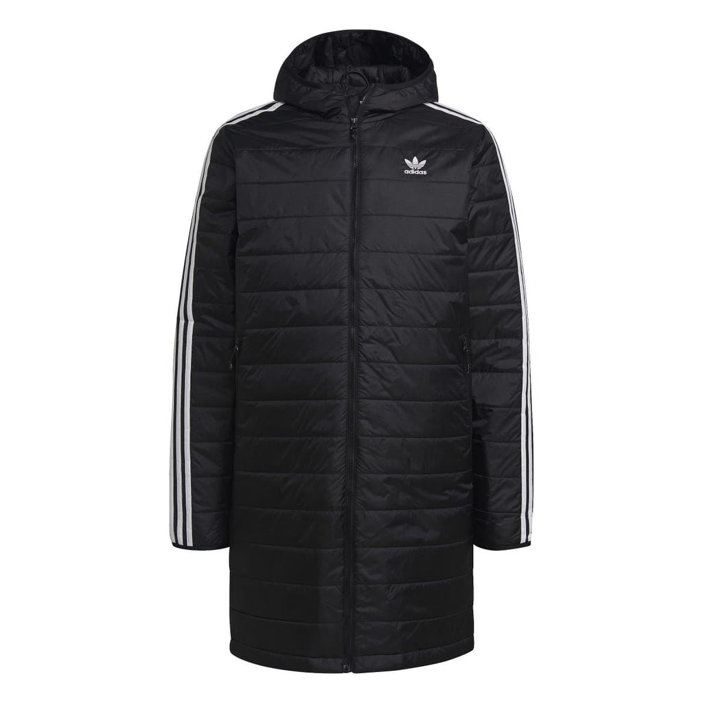 Black hooded padded coat with full-length zipper and white 3-stripe sleeve detailing.