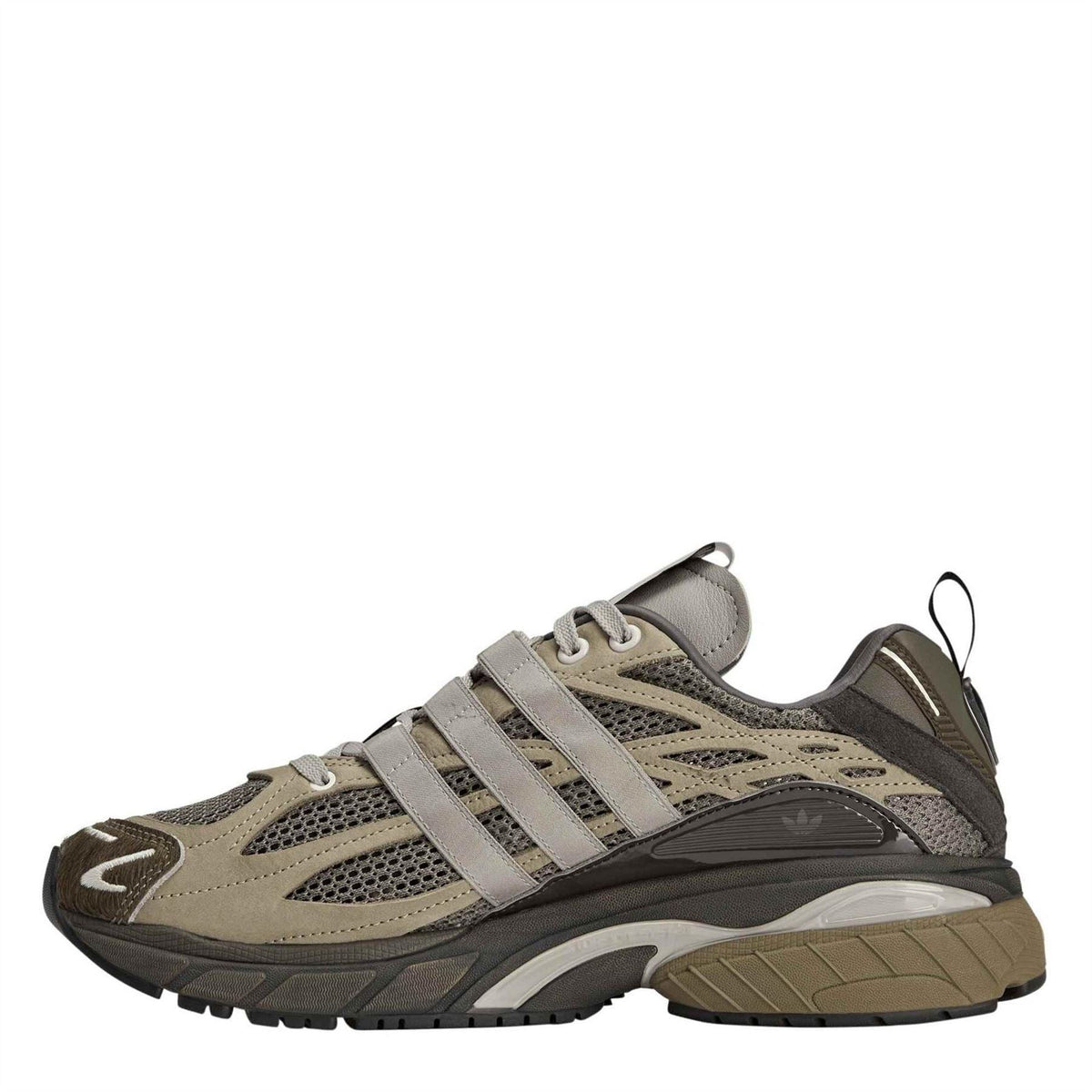 Tan low-top walking shoes with three strap accents, lace-up closure, rubber outsole