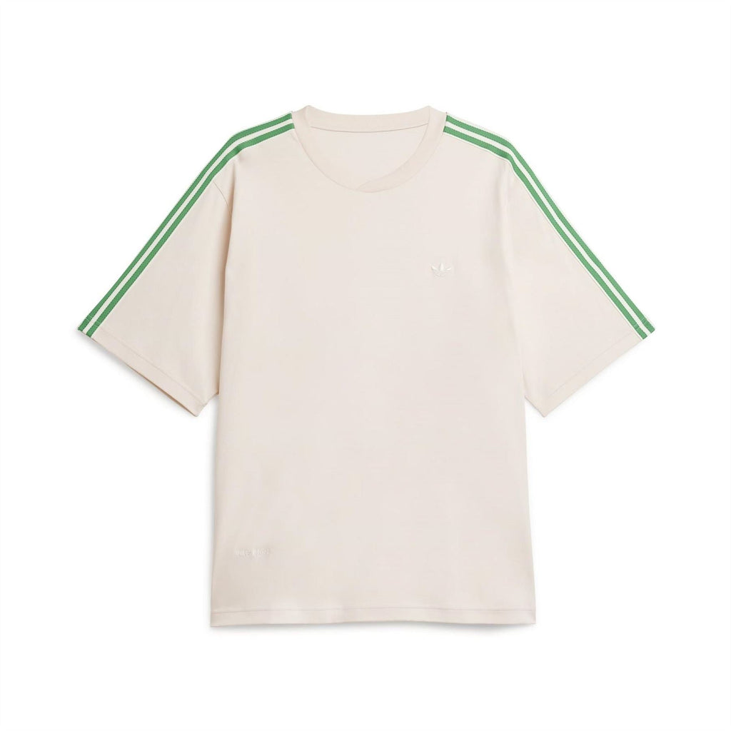 Cream logo T-shirt with green triple stripes on sleeves and small chest print