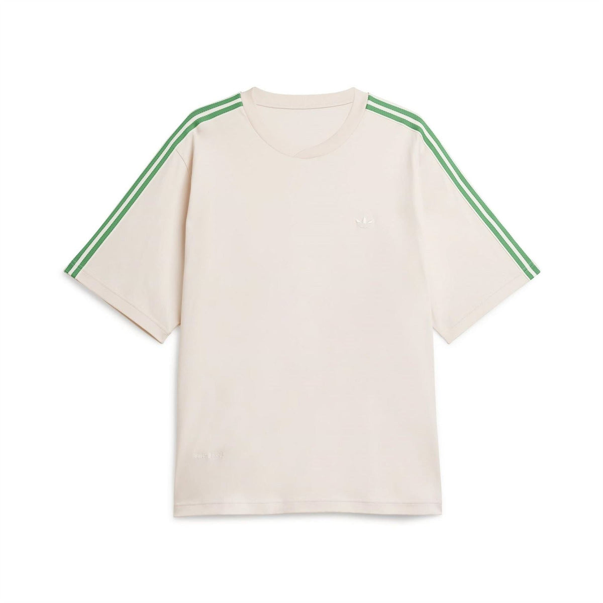 Cream logo T-shirt with green triple stripes on sleeves and small chest print