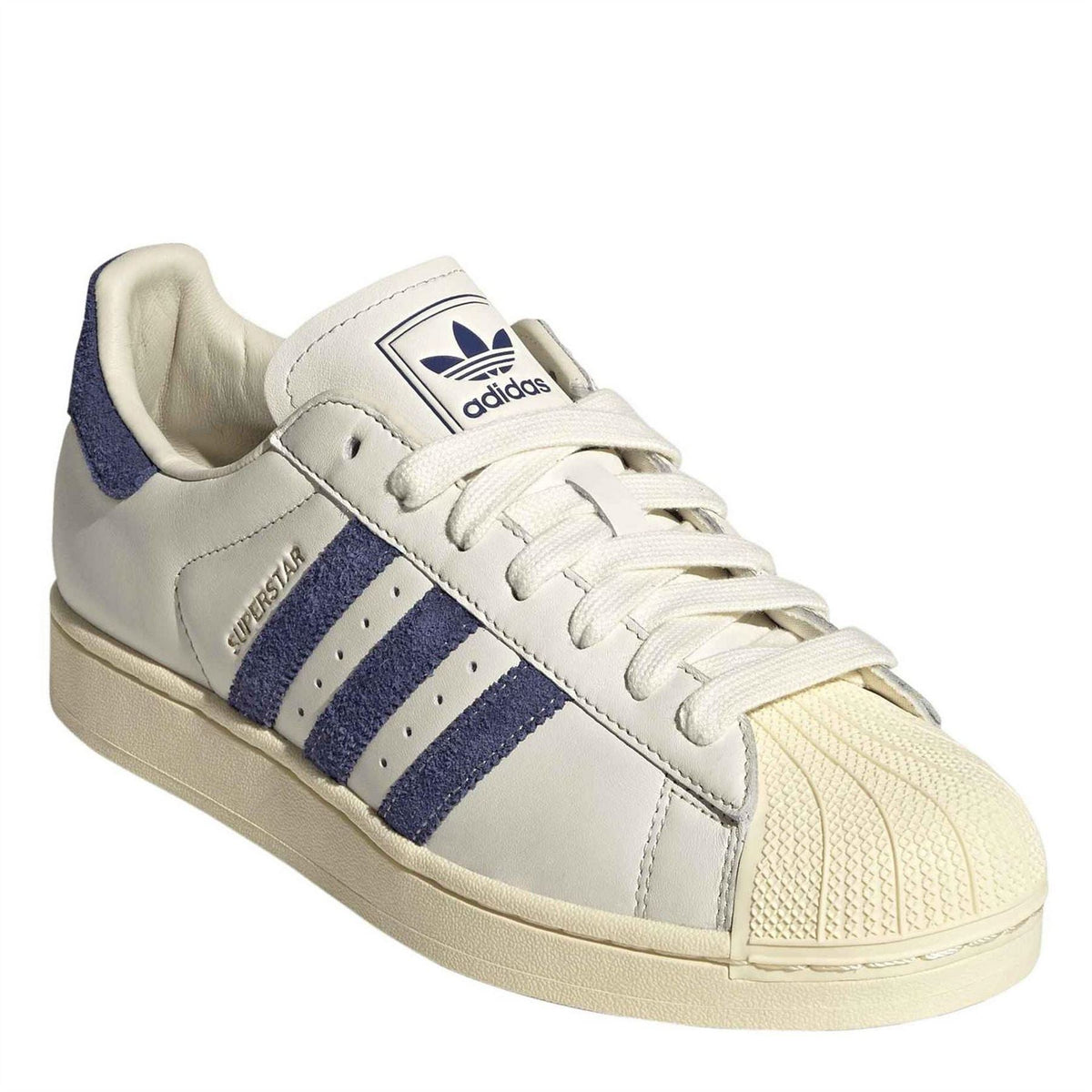 White leather adidas Originals Superstar II sneakers with navy suede heel and blue stripe details