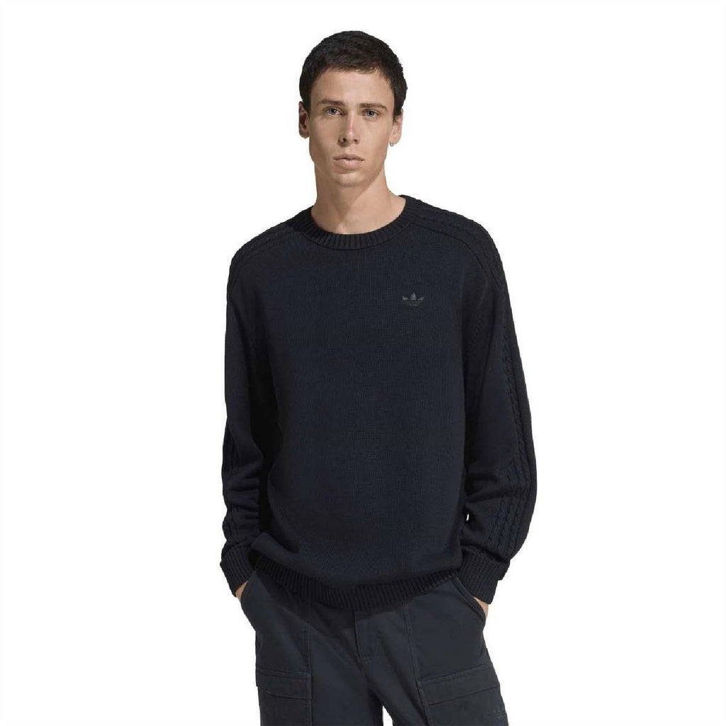 Black relaxed crew neck sweater with raglan sleeves, adidas trefoil logo, ribbed cuffs