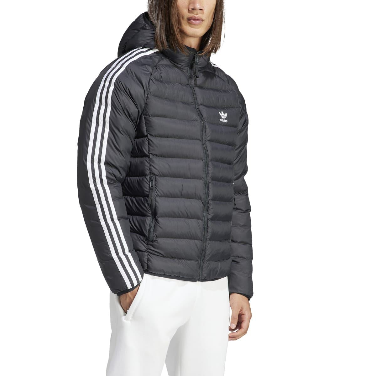Black hooded puffer jacket with adidas logo and white triple stripe panel on sleeve