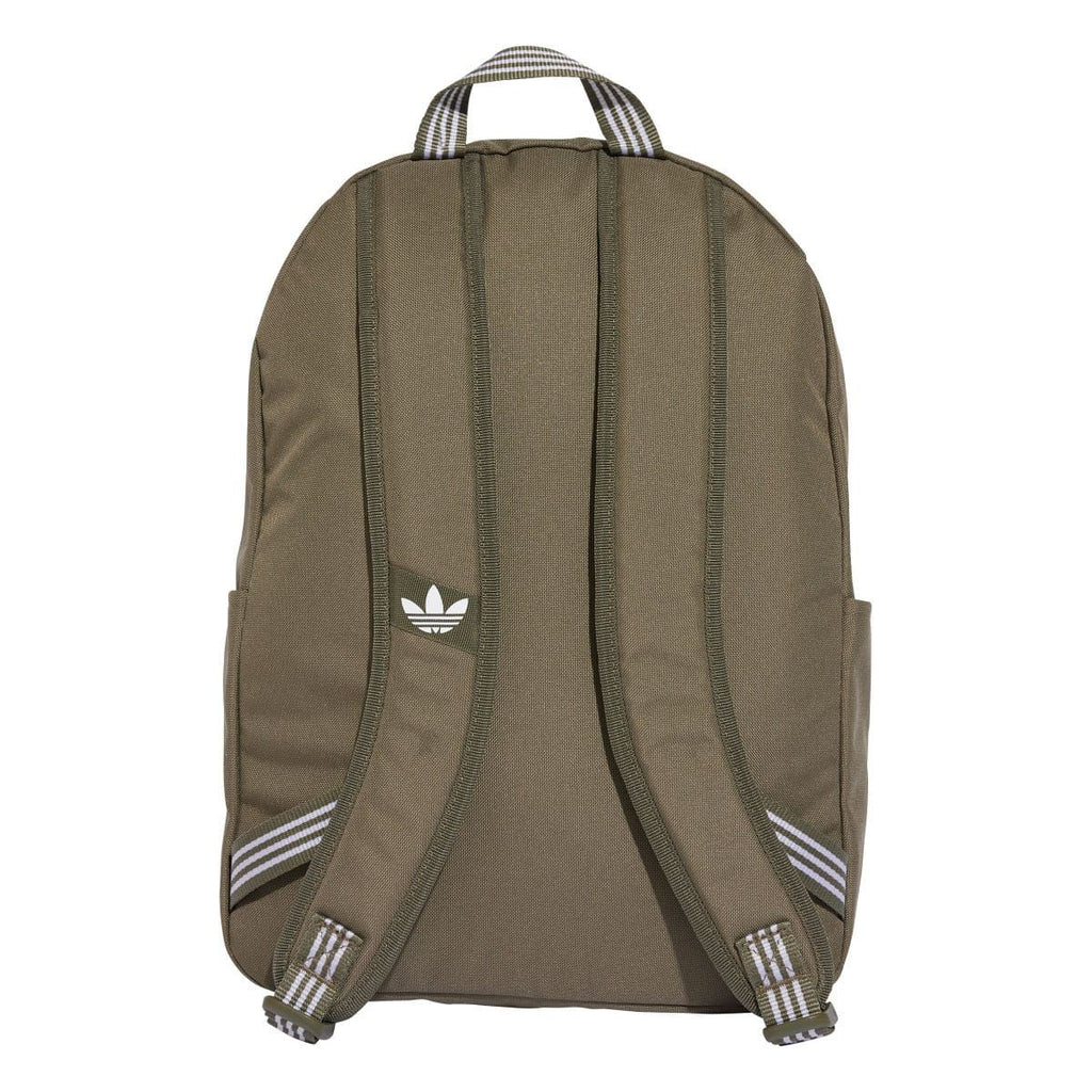 Olive adidas backpack with padded shoulder straps, centered trefoil logo, and back padding