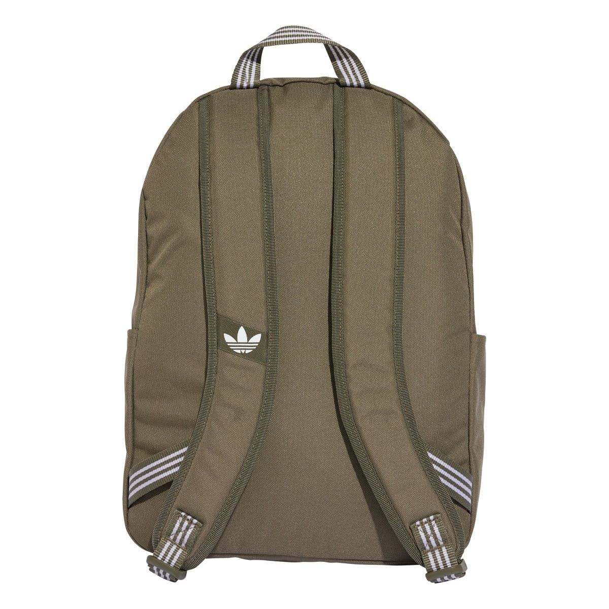 Olive adidas backpack with padded shoulder straps, centered trefoil logo, and back padding